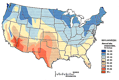 mean annual lake evaporation in the United States