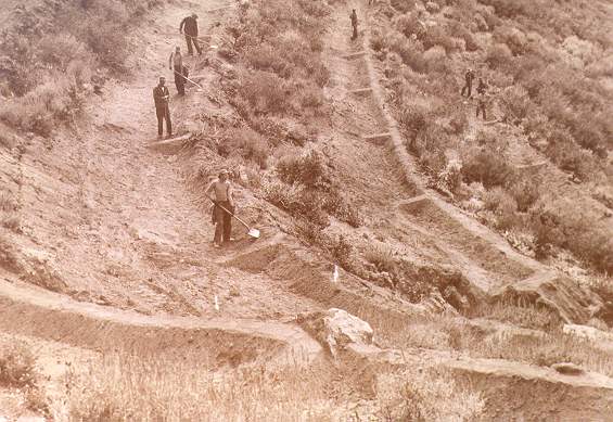 A U.S. Forest Service work crew constructing microretention watershed features in the Wasatch range, near Farmington, Utah