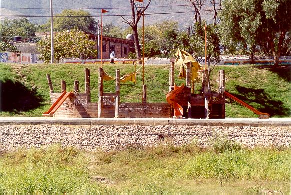 Detail of gabions and recreational features.